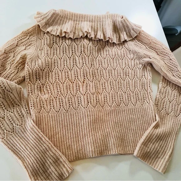 Anthropologie Moth Women’s S, Ruffled Collar, Tan Crochet Cardigan Sweater, Wool - Picture 13 of 13